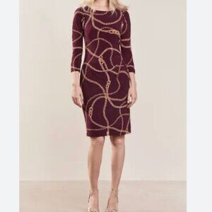 Lauren Ralph Lauren Stretch Jersey Chain Link Knee Length Burgundy Dress Size 4